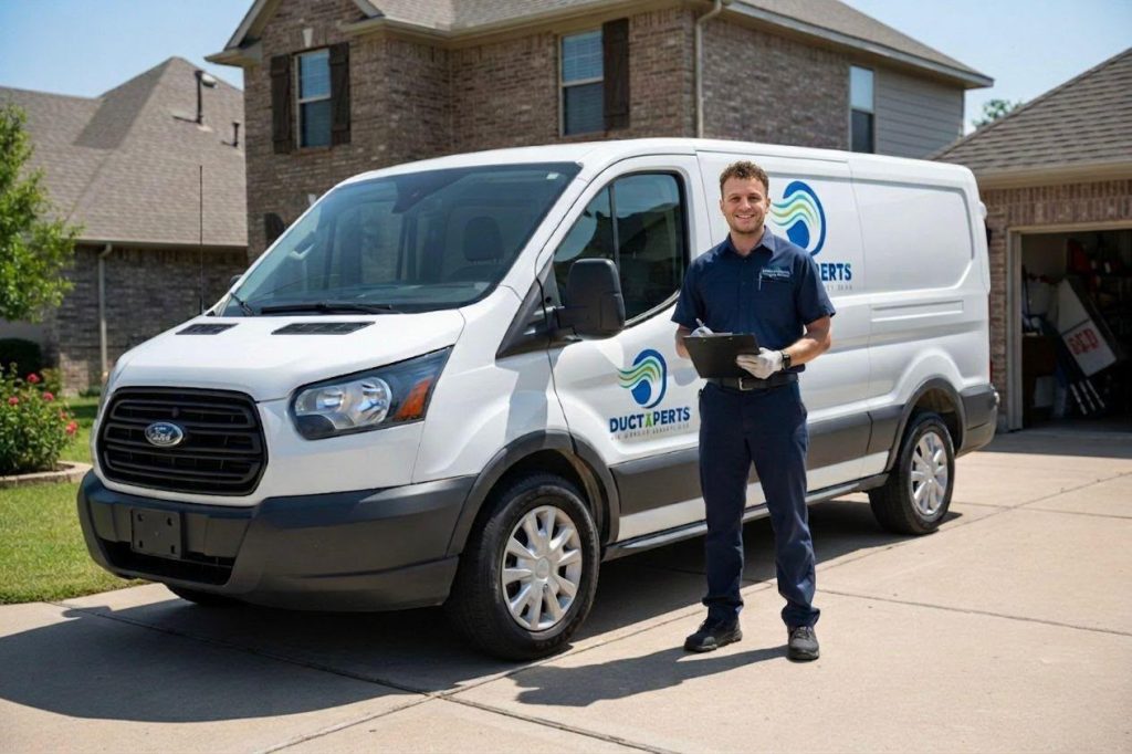 DuctXperts service van outside an Austin, TX home