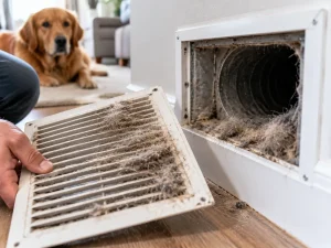 Dirty air vent with pet hair buildup