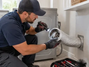 Technician inspecting dirty dryer vent duct