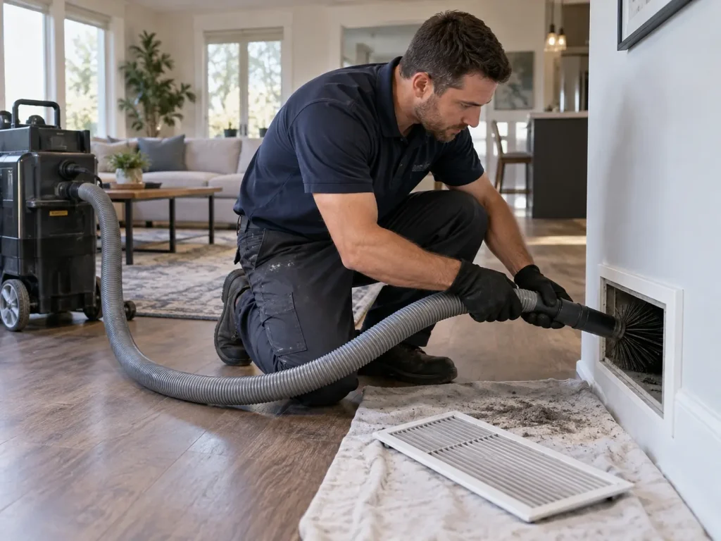 Technician cleaning residential air ducts